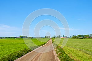 Long straight dirt road in a rural landscape in the summer