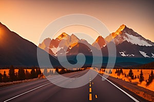 A long straight road leading towards a snow capped mountain, generative ai image