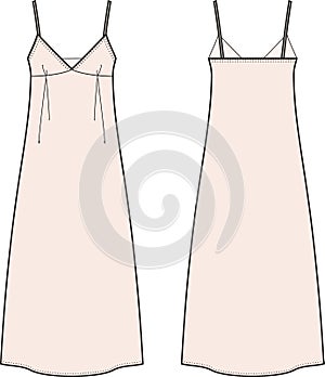 Long strap maxi dress flat sketch. Summer gown apparel design. Front and back.