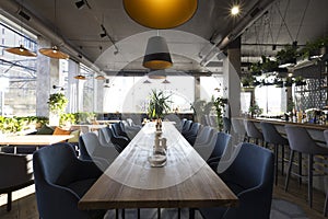 Long table for big company in cozy cafe interior, nobody indoors