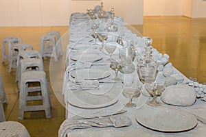 Long Table Set with Completely Grey Colour, no People