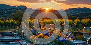 Long Table Set With Place Settings in Vineyard at Sunset