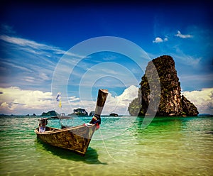 Long tail boat on beach, Thailand