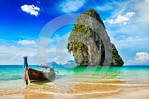 Long tail boat on beach, Thailand