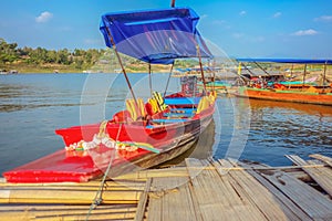 Long-tail boat on Songgaria river Sangkhla Buri District kanchanaburi thailand,Unseen thailand