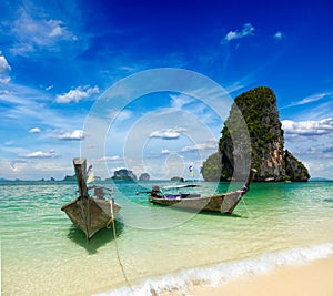 Long tail boats on beach, Thailand