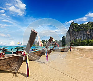 Long tail boats on beach, Thailand