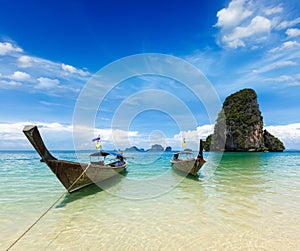 Long tail boats on beach, Thailand
