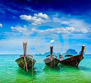 Long tail boats on beach, Thailand