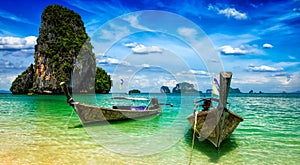 Long tail boats on beach, Thailand