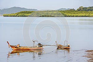 Long-tail boats at low tide, Phang-Nga Bay, Thailand