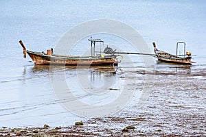 Long-tail boats at low tide, Phang-Nga Bay, Thailand