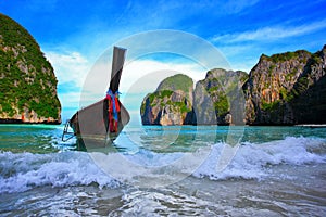 Long tail boats in Maya Bay