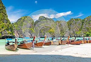 Long tail boats at Maya bay Phi Phi Leh island