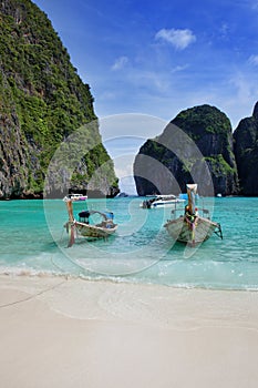 A long tail boats in Maya Bay, Thailand.