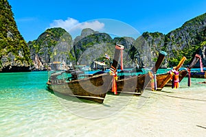 Long-tail boats in Maya Bay, Thailand