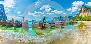 Long tail boats on Railay beach Krabi region, Thailand