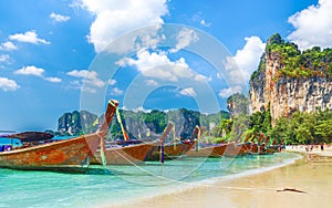 Long tail boats on Railay beach in Krabi region, Thailand