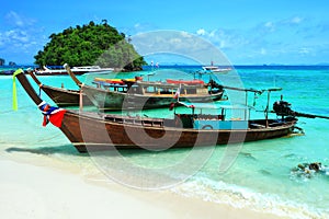 Long tail boats by the shore at Tup island Kra bi Andaman sea of