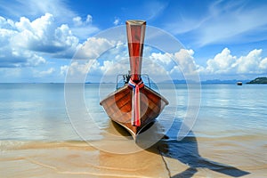 Long tail wooden boat on tropical seascape beach at ocean