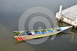 Long-tailed boat on River Kwai in Kanchanaburi Thailand.