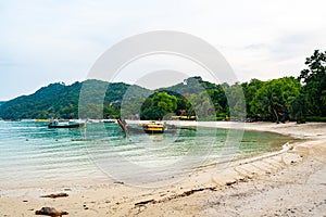 Long tailed boats near tropical beach at Ko Phi Phi, Thailand. Tropic beach with white sand and turquoise water, concept of