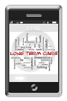 Long Term Care Word Cloud Concept on Touchscreen Phone