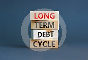 Long term debt cycle symbol. Concept words Long term debt cycle on beautiful wooden block. Beautiful grey table grey background.