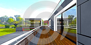 Long terrace of the modern property with illuminated facade elements. Big black gorilla in the yard. 3d rendering