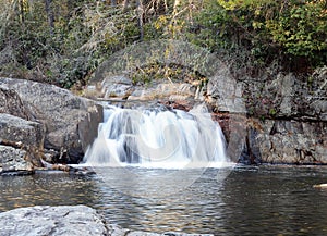 Long Time Exposure Of Flowing Water Of The Linville Twin Upper Falls At Blue Ridge Parkway North Carolina