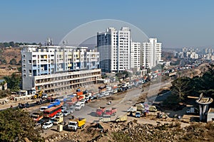 Long traffic jam on Mumbai - Bangalore bypass highway in Pune, India.