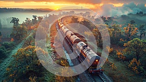 Long train with tank cars transporting oil. Beautiful landscape with forest going to horizon and sunset