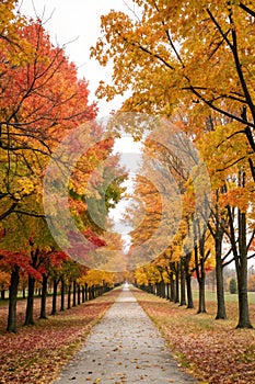 Long tree lined pathway in fall