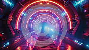 A long tunnel illuminated by vibrant neon lights stretching along the walls, Eye-catching use of neon lights in a futuristic,