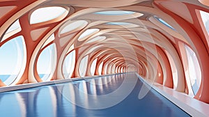 A long tunnel with a sky view of the ocean. Generative AI image.