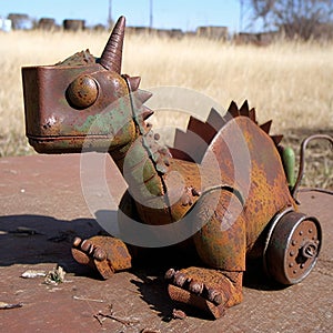 Long unused rusty dinosaur, child toy