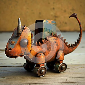 Long unused rusty dinosaur, child toy