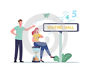 Long Wait, Male Female Characters in Waiting Hall. Woman Sitting on Huge Hourglass Looking on Wrist Watch, Appointment