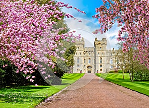 Long walk to Windsor castle in spring, London suburbs, UK