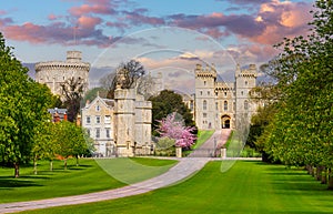 Long walk to Windsor castle in spring, London suburbs, UK