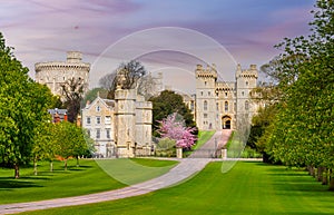 Long walk to Windsor castle in spring, London suburbs, UK