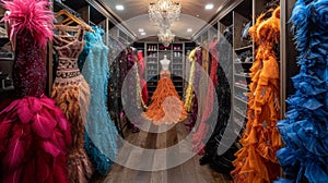 A long walk way with many dresses hanging on the wall, AI