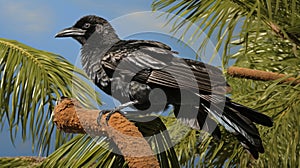 Long-wattled umbrellabird perched on a branch in the forest. Generative Ai photo