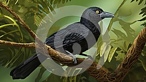 Long-wattled umbrellabird perched on a branch in the forest. Generative Ai photo