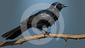 Long-wattled umbrellabird perched on a branch in the forest. Generative Ai photo