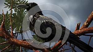 Long-wattled umbrellabird perched on a branch in the forest. Generative Ai photo