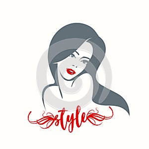 Long, wavy hairstyle beautiful woman logo. Elegant makeup.