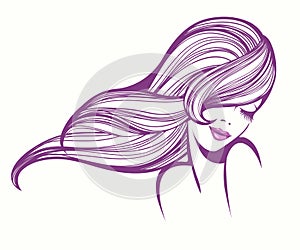 Long wavy hairstyle, elegant makeup illustration. Beauty, hair salon logo. Pink lipstick.