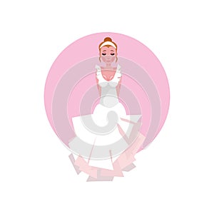 Long wedding dress with frill hems, layered skirt and a diadem on the young bride. Vector illustration in a flat cartoon