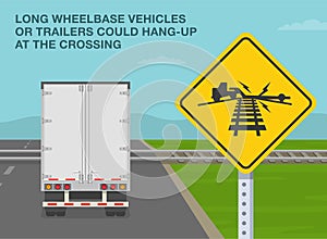 Long wheelbase vehicles or trailers could hang-up at the crossings. Back view of a truck on road.